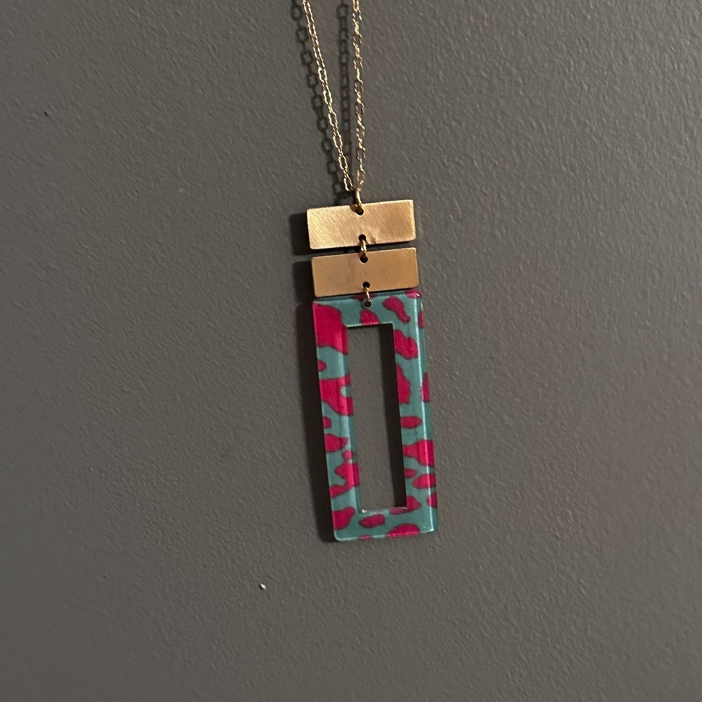 teal and hot pink leopard print rectangle necklace